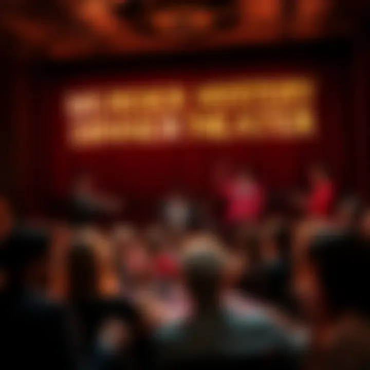 Actors in costumes perform at a murder mystery dinner theater in Washington D.C. with a lively audience engaged in the show.