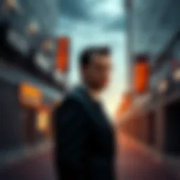 A serious-looking man in a suit stands next to a hospital building with healthcare price tags in the background, reflecting on corporate influences in a murder case.