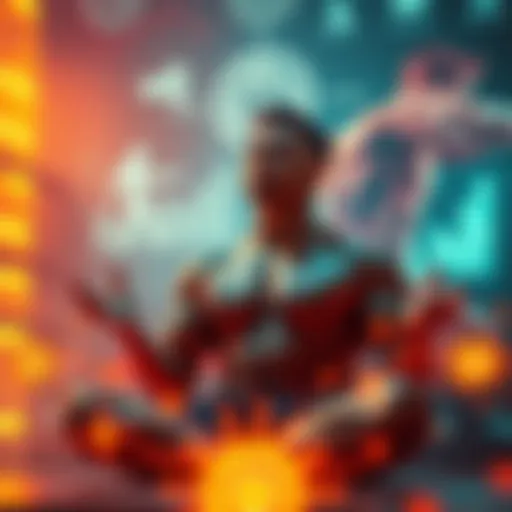 A person meditating while focusing on muscle growth, surrounded by visual representations of strength and fitness.