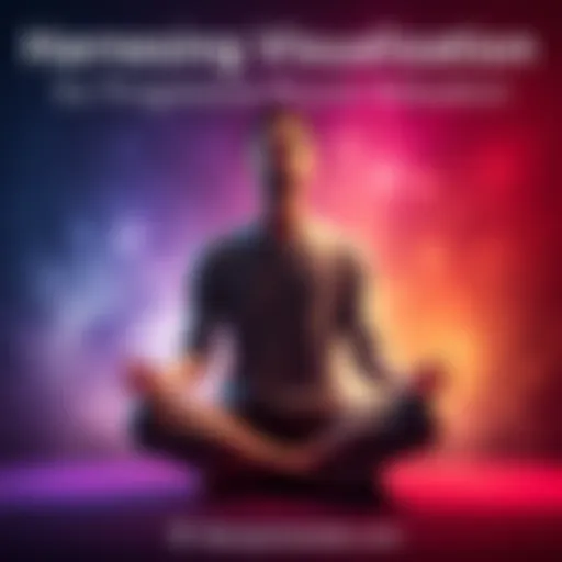 Person practicing progressive muscle relaxation with visualization A calm individual sitting cross-legged with closed eyes, surrounded by soft colors representing visualization techniques while practicing muscle relaxation.