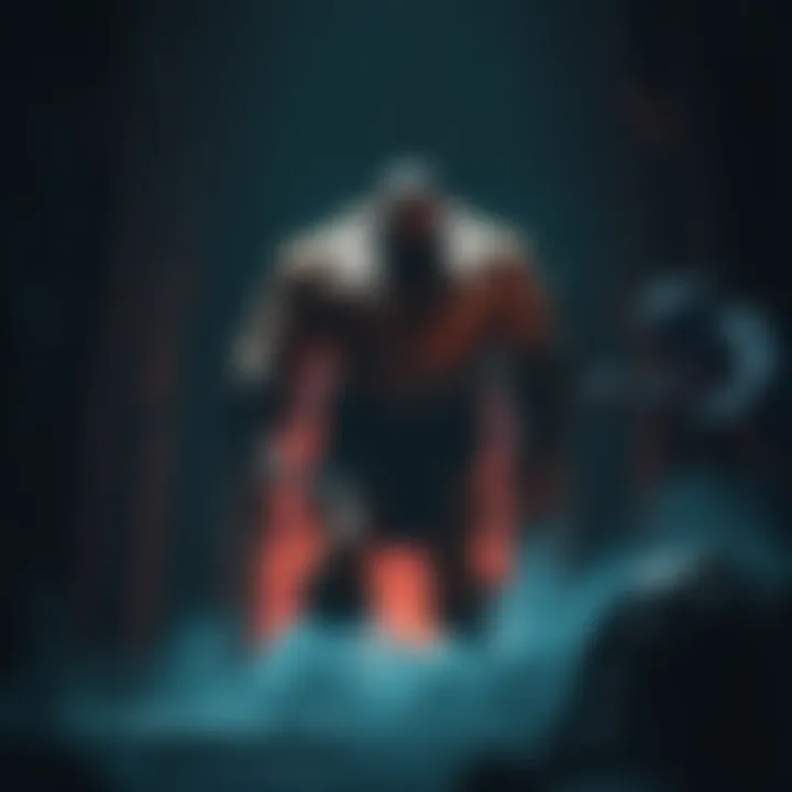 A muscular giant stands in a dark tomb, surrounded by eerie shadows and a threatening spirit looming nearby, evoking a sense of horror and tension.