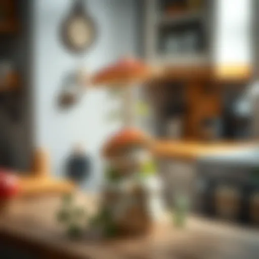 Charming mushroom lady planter with a plant growing from the cap, placed in a cozy kitchen setting