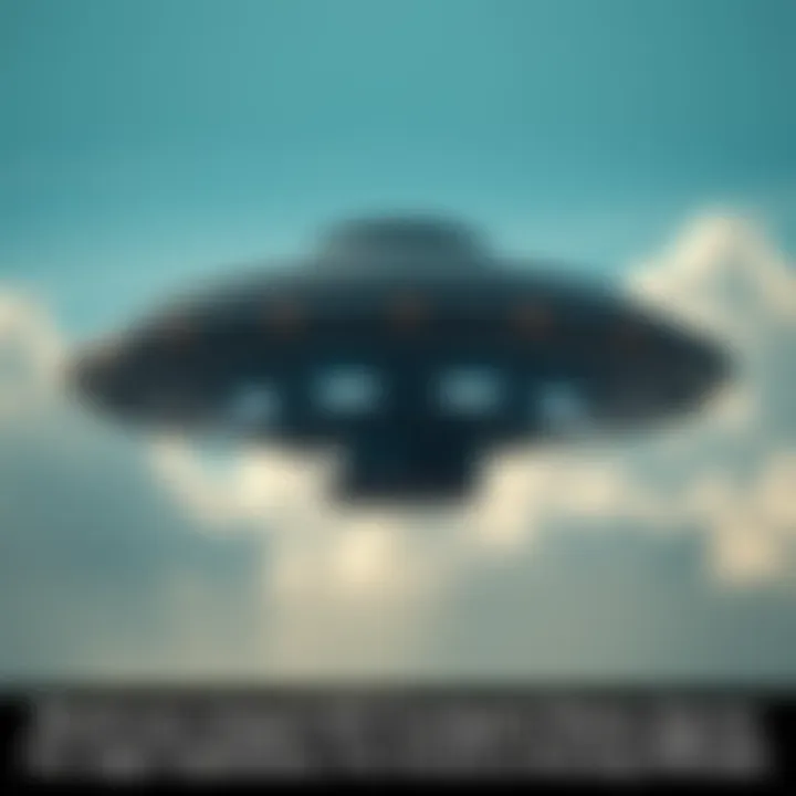 A mushroom-shaped UFO hovering in the sky, exhibiting rapid acceleration, with a backdrop of clouds and blue sky.