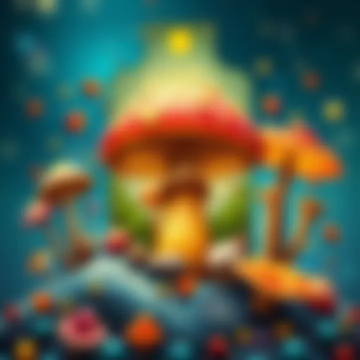 A colorful illustration of the first card in a mushroom-themed tarot deck, featuring various mushrooms and whimsical elements