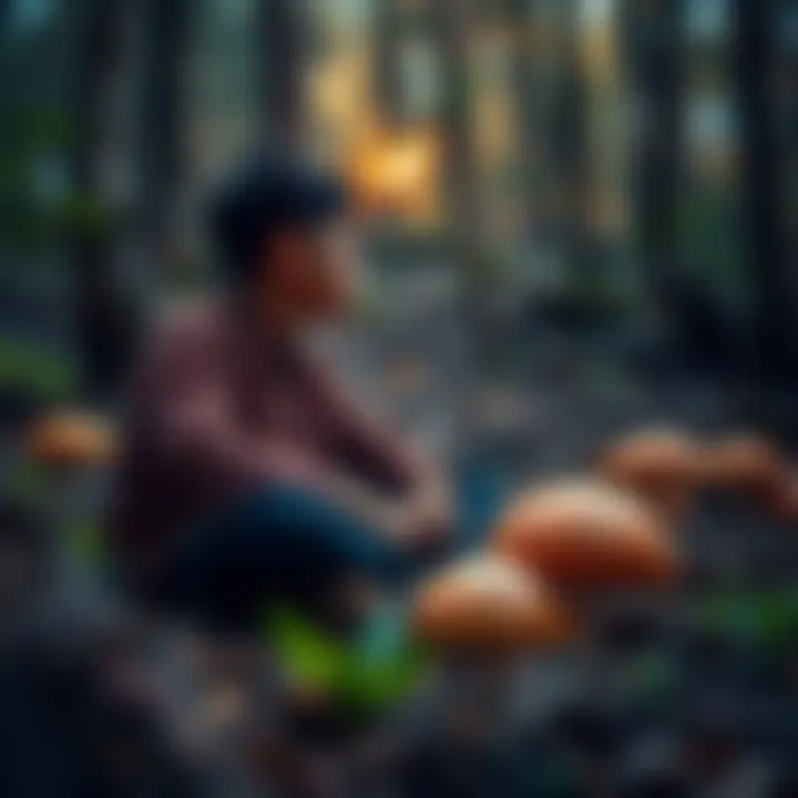 A person sitting on the ground in a wooded area, looking anxious while their friend whispers something in their ear, with colorful mushrooms around them.
