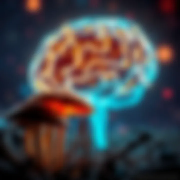 A visual representation of mushrooms with a glowing brain in the background, symbolizing the connection between psychedelics and human consciousness.