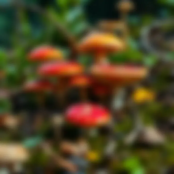A close-up view of various colorful mushrooms growing in a forest setting, showcasing their unique shapes and textures.