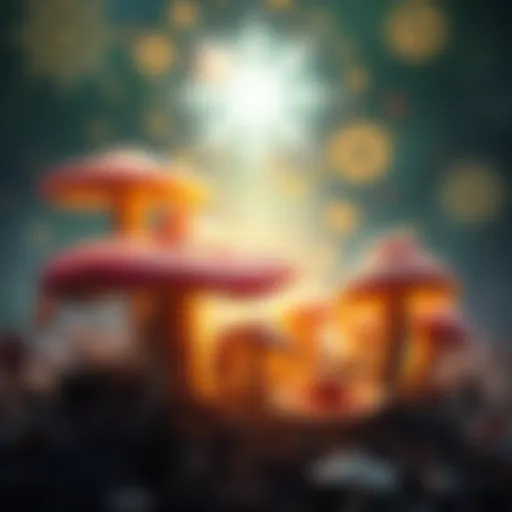 Colorful mushrooms surrounded by spiritual symbols and light, representing healing visions