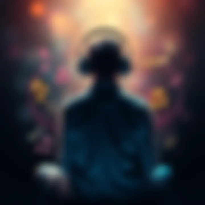 A person sitting with headphones, surrounded by musical notes and symbols representing low vibration music and higher vibrational content, reflecting inner conflict during spiritual awakening.