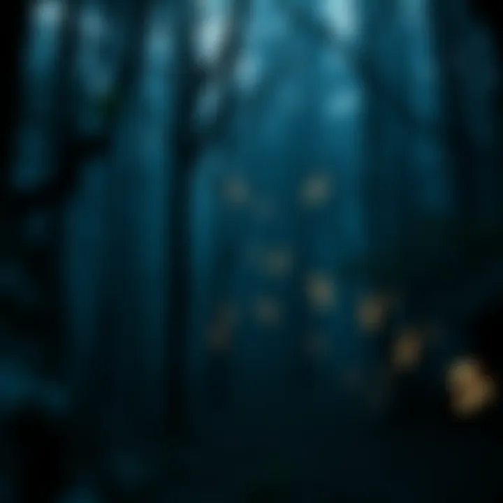 A dark, dense forest with faint musical notes floating through the air