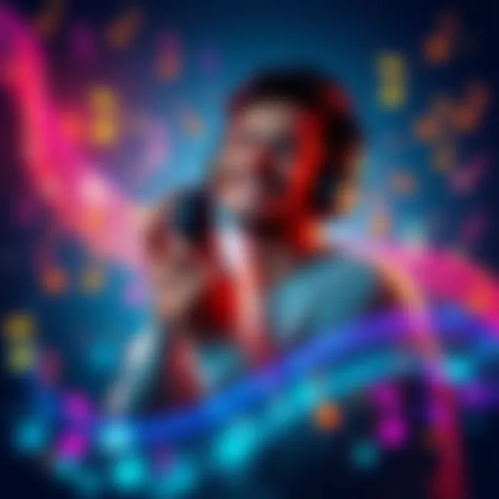 A person holding headphones and smiling while surrounded by vibrant music notes and colorful waves, representing a positive mindset and motivation