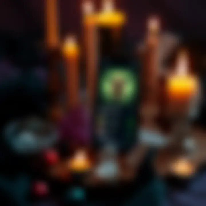Music Playlist for Hexing A collection of candles and crystals with a playlist on a phone screen, suggesting a hexing ritual atmosphere