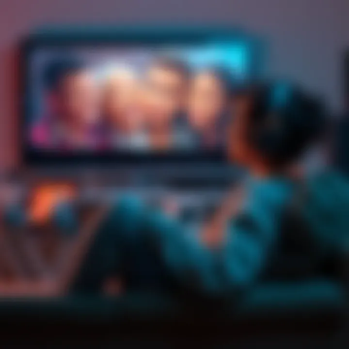 A person sitting on a couch, listening to music while looking at a television screen, with emotional expressions reflecting on their face, symbolizing the connection between media and feelings.