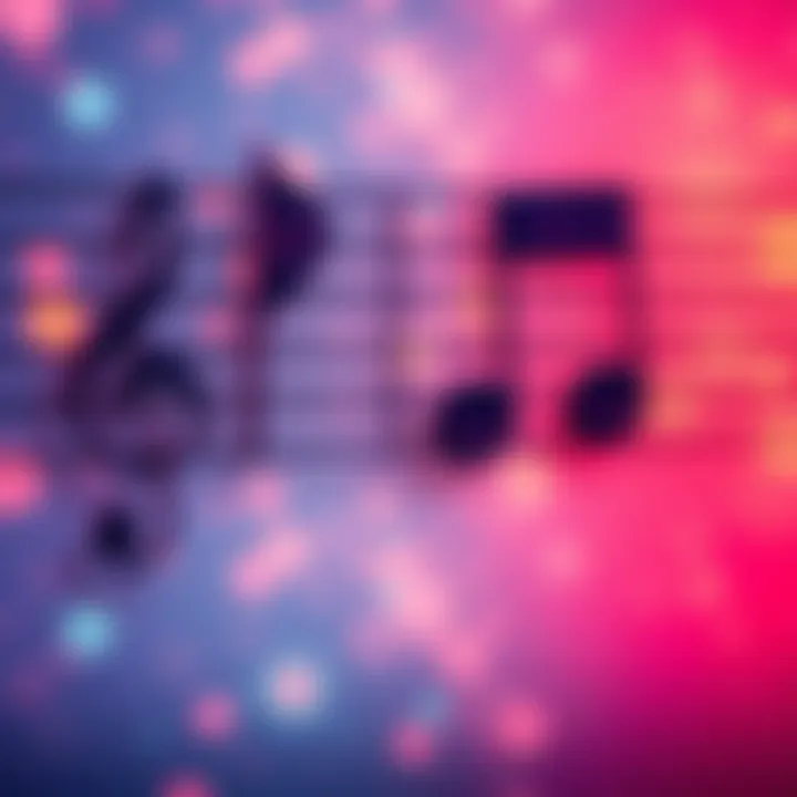 Musical notes representing 432 Hz and 440 Hz tuning A visual representation of musical notes with labels for 432 Hz and 440 Hz tuning frequencies, set against a vibrant background