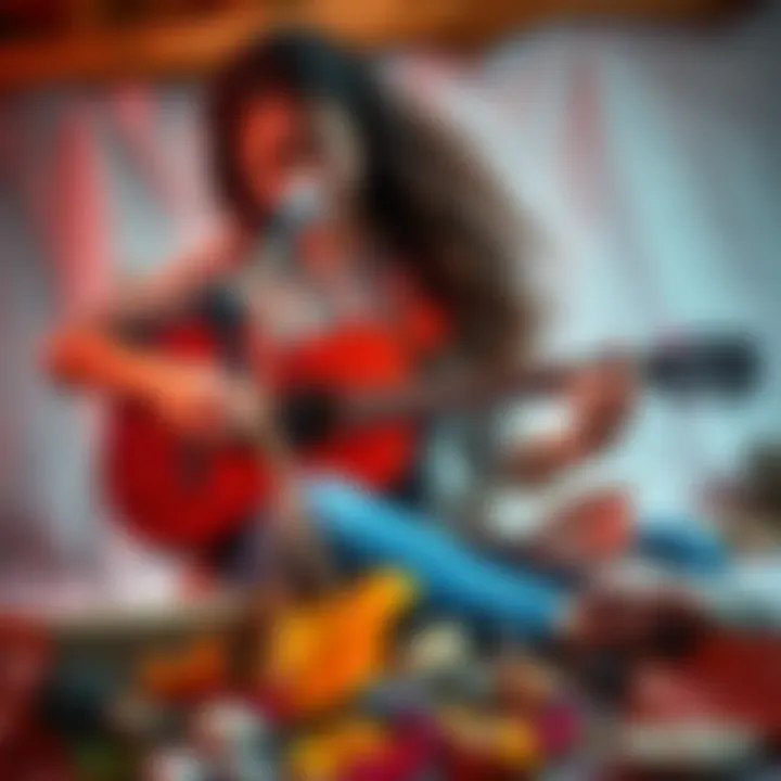 A passionate musician plays guitar while surrounded by various natural art materials like stones and leaves, showcasing her dual love for music and art.