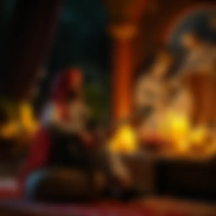 A musician sits beside their altar, playing a bass guitar, with candles and offerings in the background.