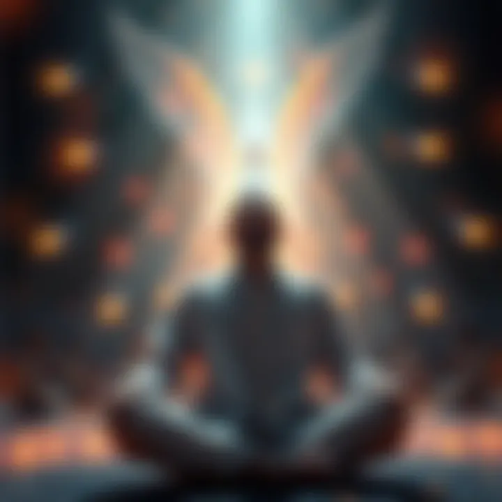 A musician meditating with a serene expression, surrounded by soft glowing lights, representing spiritual energy and creativity in music-making.
