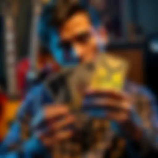 A musician contemplating their future while holding tarot cards, with a guitar in the background