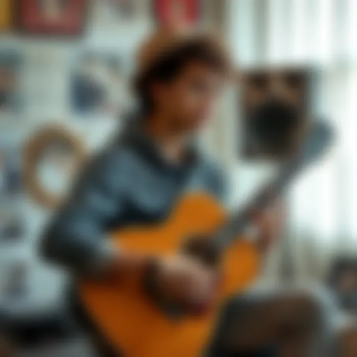 A young musician sits with a guitar, looking thoughtful while surrounded by family photos and music notes, reflecting on their dream of starting a band amidst pressures.