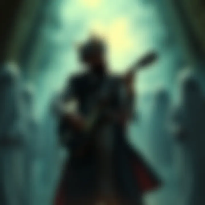 Youssef playing guitar in a dimly lit venue, surrounded by ghostly figures in wedding attire, evoking a sense of fear and chaos.