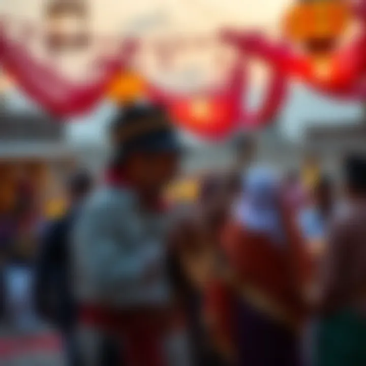 A musician playing a traditional instrument at a Moroccan wedding, with colorful decorations and guests in traditional attire, as dawn breaks in the background.