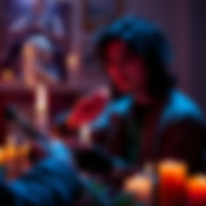 A person holding a dousing rod during an EVP session, surrounded by candles and a photo of a musician, creating a heartfelt moment.