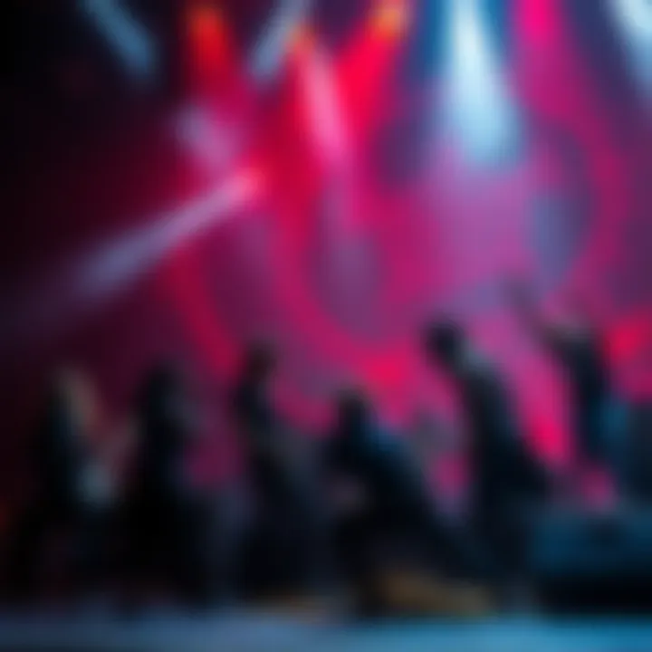 A band performing with occult symbols in their stage design, illustrating their embrace of satanic themes in music.