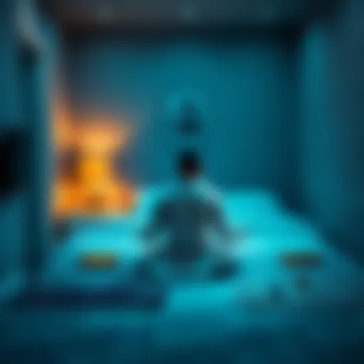 A Muslim individual sitting peacefully in a quiet room, meditating before bed, with prayer items and calming elements around them, ready for lucid dreaming.