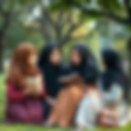 Muslim women reflecting on childhood Group of Muslim women sharing stories while looking nostalgic, depicting their longing for a carefree childhood, in a park setting