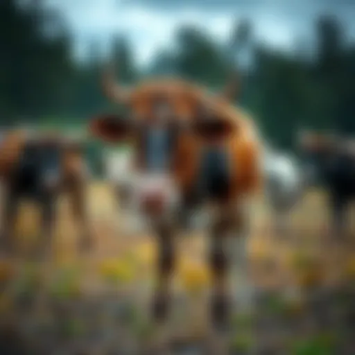 Cattle in a remote field of Oregon showing signs of mutilation and blood loss, with a blurred forest background.