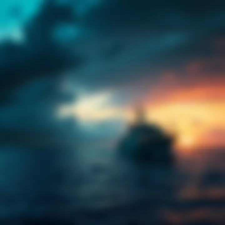 An eerie depiction of the MV Joyita drifting in the Pacific Ocean, with dark clouds looming overhead.