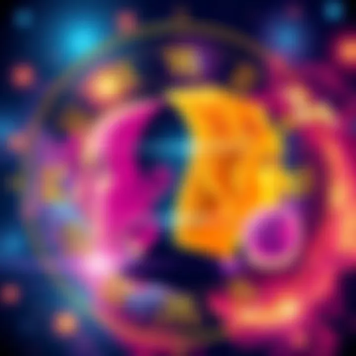 A colorful illustration showing the connection between Myers Briggs personality types and Zodiac signs, featuring symbols of both systems with a cosmic background.