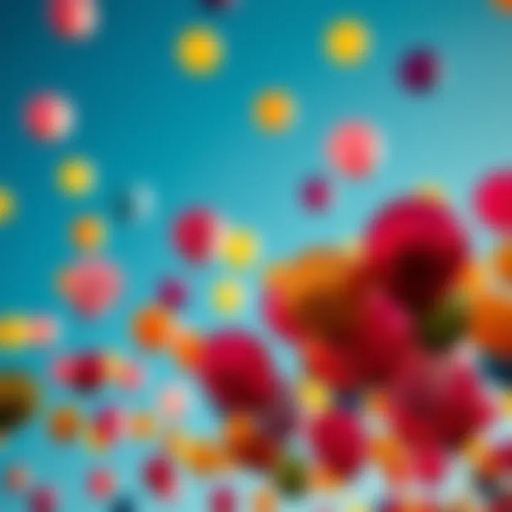 Bright Mylar and helium balloons floating in a blue sky after a celebration