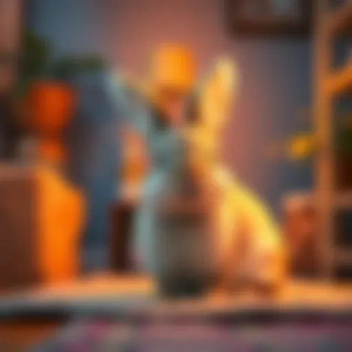 A cute bunny sitting in a cozy corner of my home, looking curious and playful.