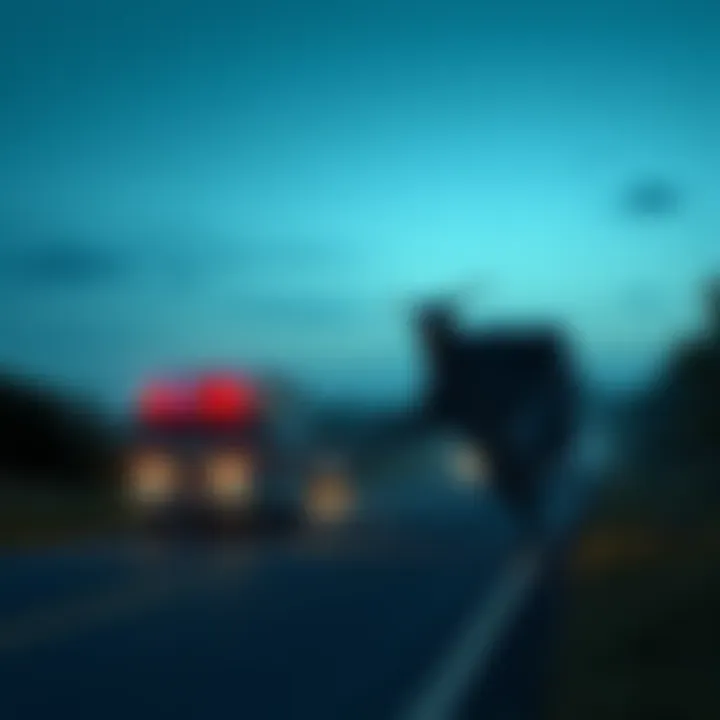 A seven-foot tall mysterious figure stands on the roadside under the night sky, as a truck drives by.