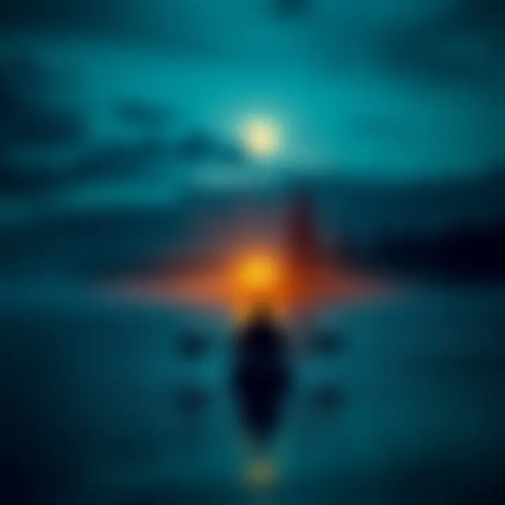 A foreboding silhouette of a man in a kayak approaching a campsite as night falls on a serene Manitoba island, with friends looking on in anxiety.