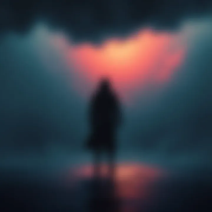 A shadowy figure stands alone in a heavy rainstorm, surrounded by dark clouds and pouring rain, creating an eerie atmosphere.