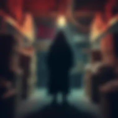 A shadowy figure stands in a dimly lit storage room, surrounded by boxes and clutter