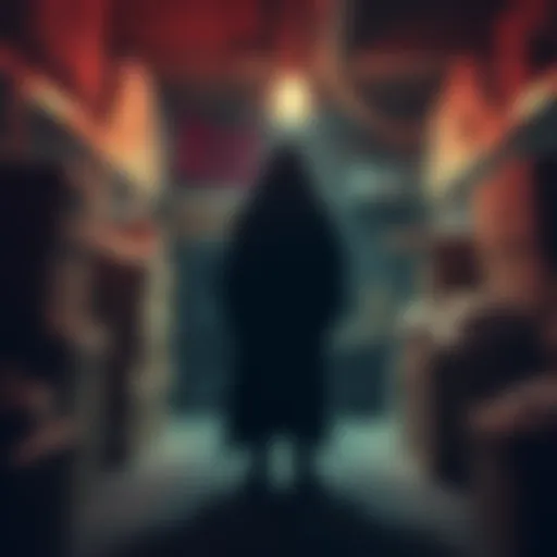 A shadowy figure stands in a dimly lit storage room, surrounded by boxes and clutter