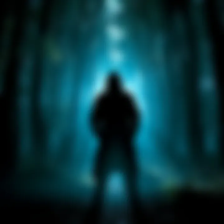 A shadowy figure stands in a forest, looking towards the camera, sparking curiosity about its identity.