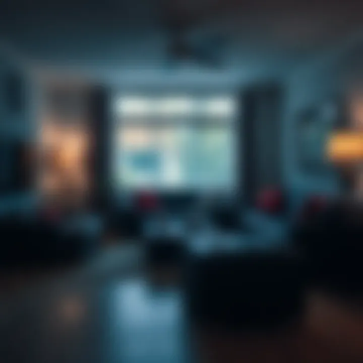 A family living room with shadows suggesting footsteps in the background, conveying an eerie atmosphere.