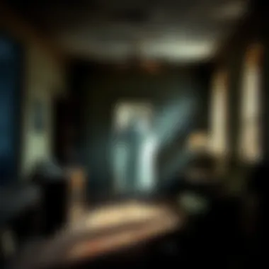 Mysterious Ghostly Figure A ghostly figure appears in an old, dimly lit room, surrounded by dusty furniture and shadows.