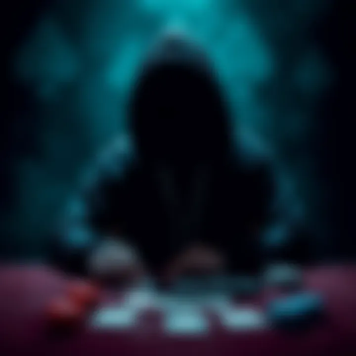 A shadowy silhouette of a person in a hoodie sitting at a table with playing cards, suggesting secrecy and intrigue