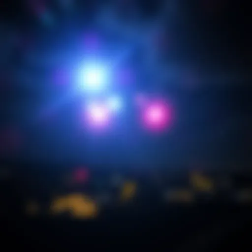 A dark night sky illuminated by several bright, colorful lights hovering above a suburban landscape