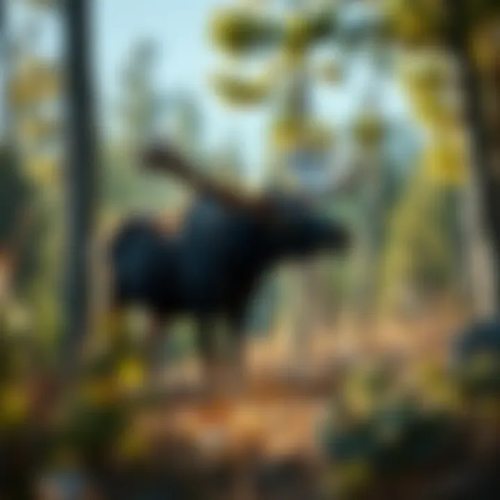 A moose-like creature standing in a forest clearing, surrounded by trees and underbrush.