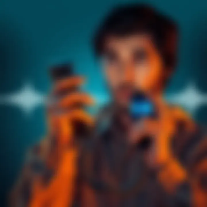 A person looking worried while holding a phone, with sound waves and a strange number displayed on the screen