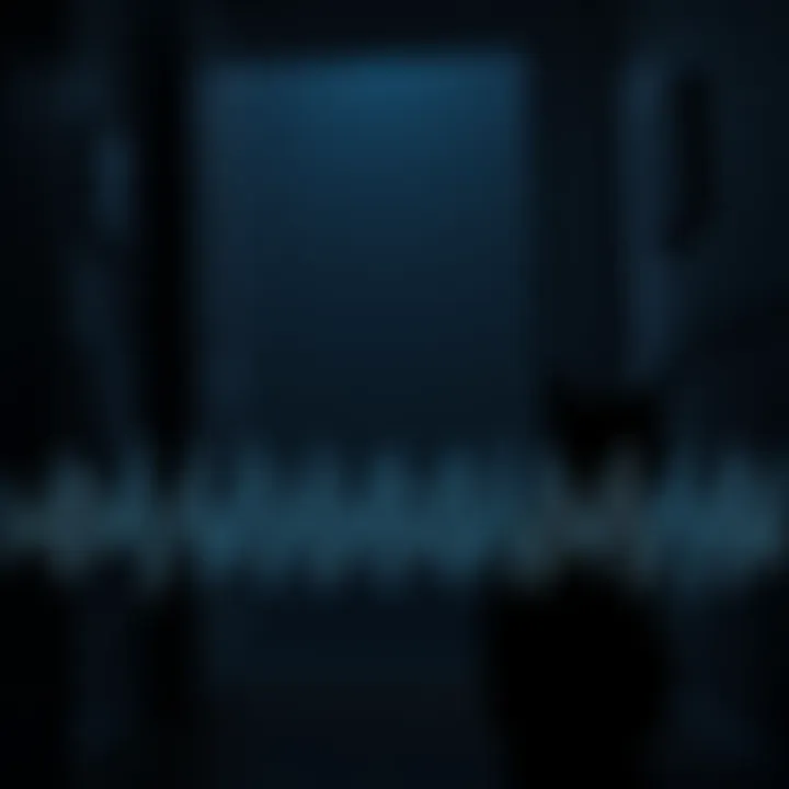 A dark room with shadows and faint outlines of a cat, with sound waves illustrated to show bone-cracking and growling noises echoing in the background.
