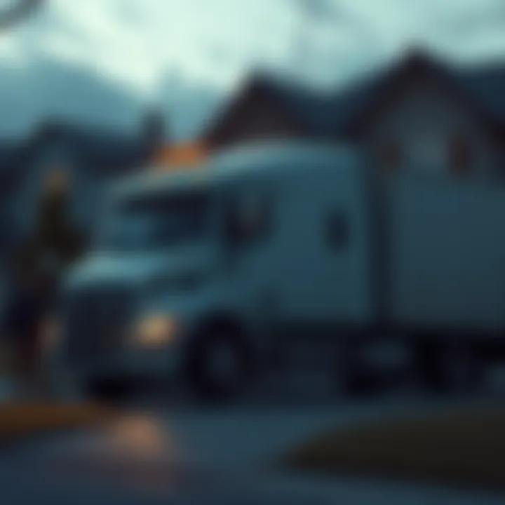 A large truck sits quietly in front of a suburban house, with a person seen changing clothes nearby, creating curiosity among neighbors.
