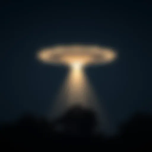 Mysterious UFO in the night sky A dark night sky featuring a bright unidentified flying object with a glowing light, hovering above trees.