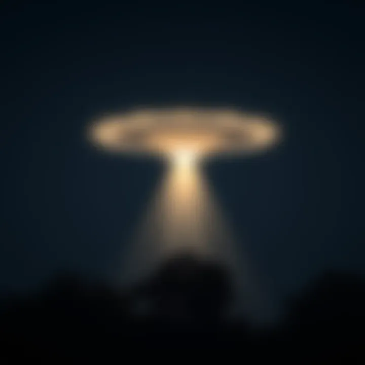 Mysterious UFO in the night sky A dark night sky featuring a bright unidentified flying object with a glowing light, hovering above trees.